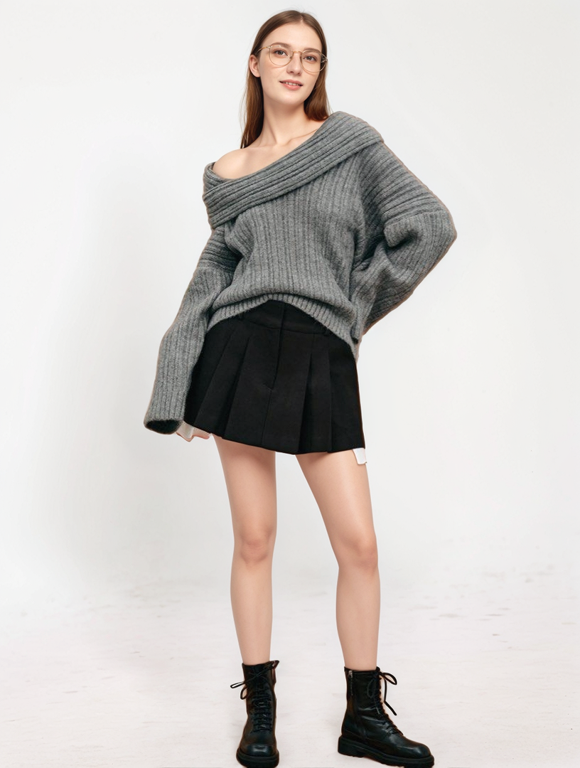 Harlow Oversized High Roll Knit Pullover, Storm Grey