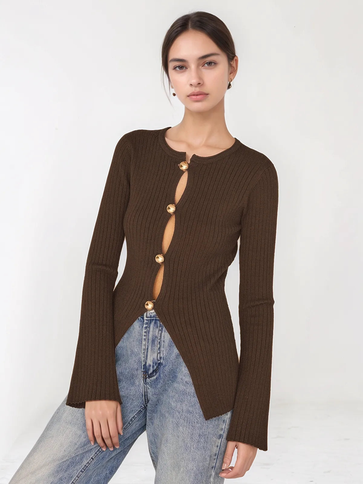 Scarlett Golden Button Split Knit Top