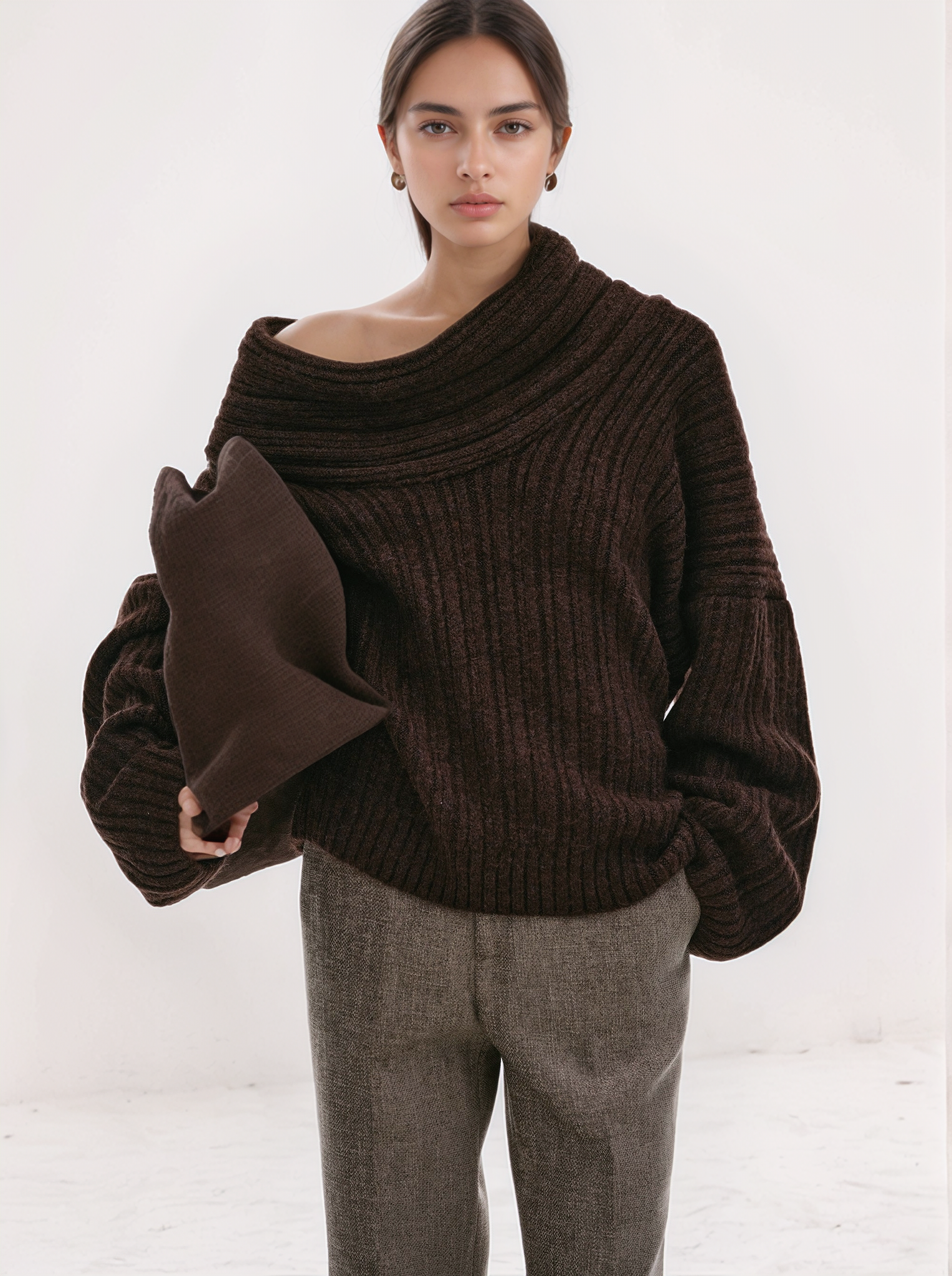 Brielle Oversized High Roll Knit Pullover, Chocolate