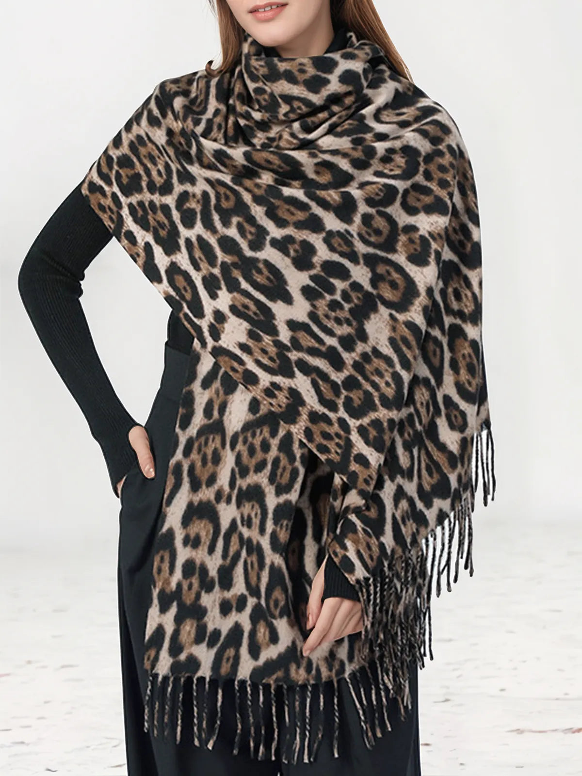 Aurora Leopard Printed Tassel Warm Scarf