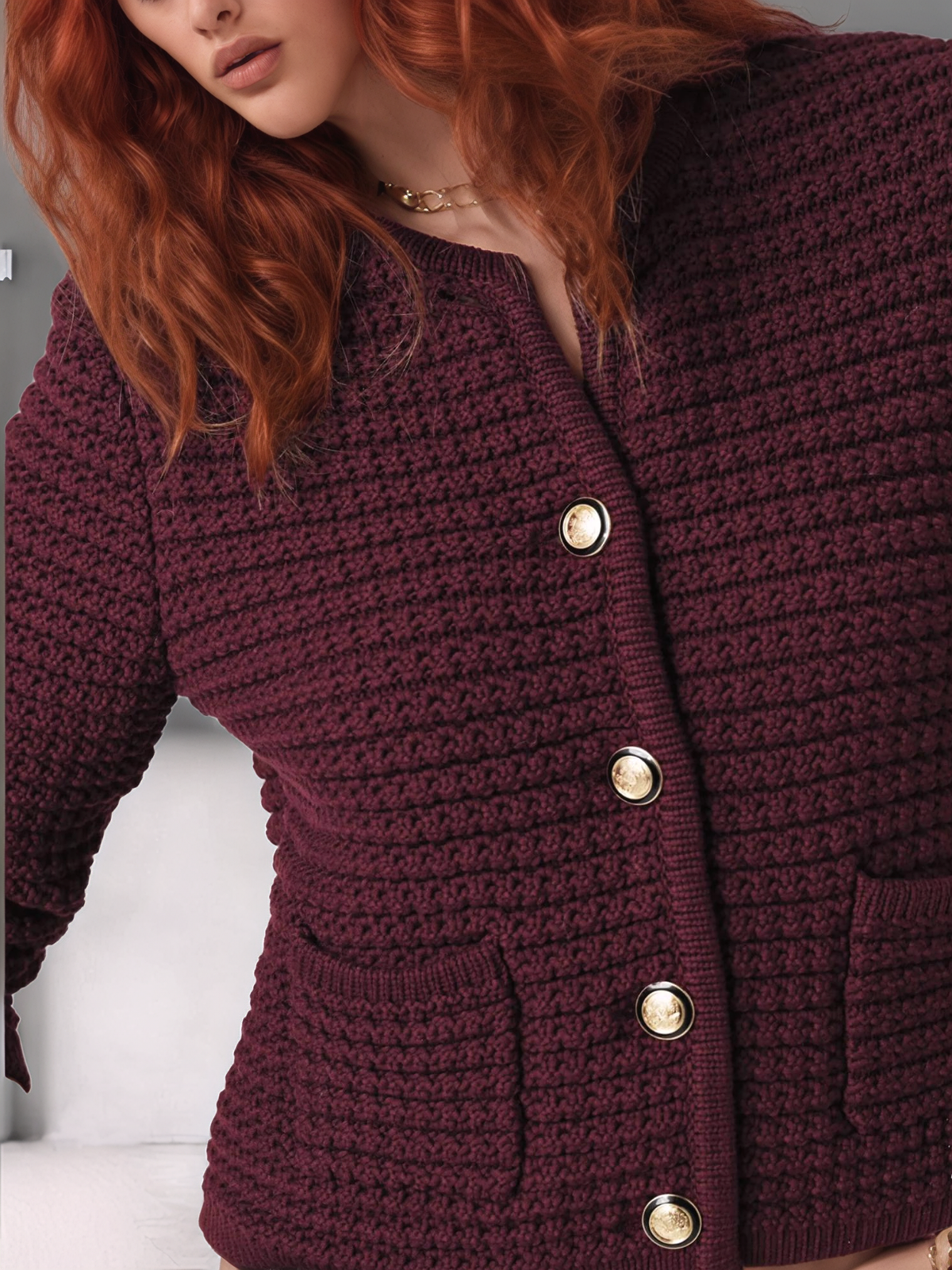 Quinn Knitted Burgundy Long-Sleeved Cardigan