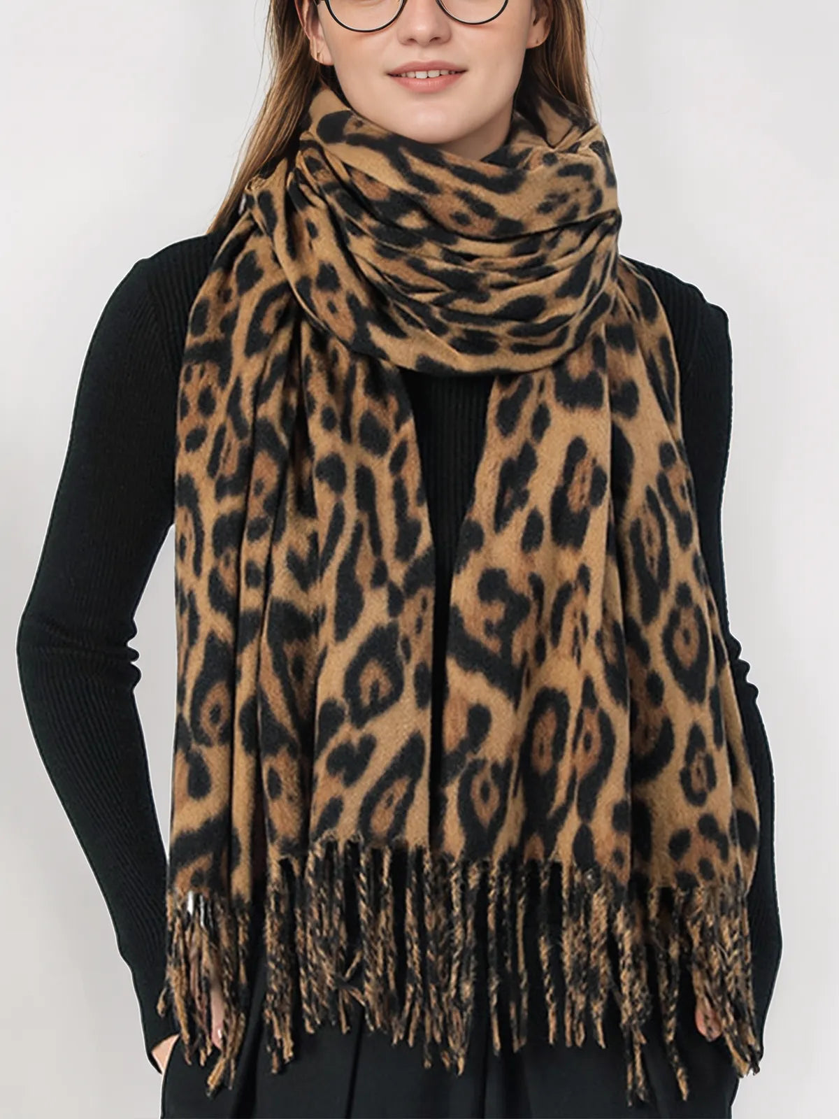 Aurora Leopard Printed Tassel Warm Scarf