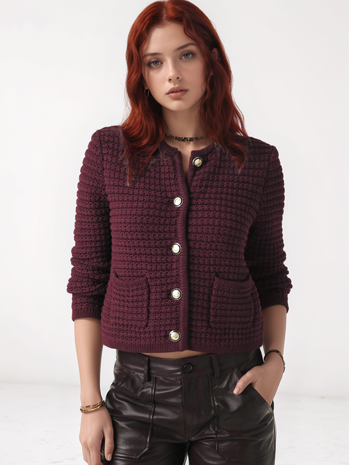 Quinn Knitted Burgundy Long-Sleeved Cardigan