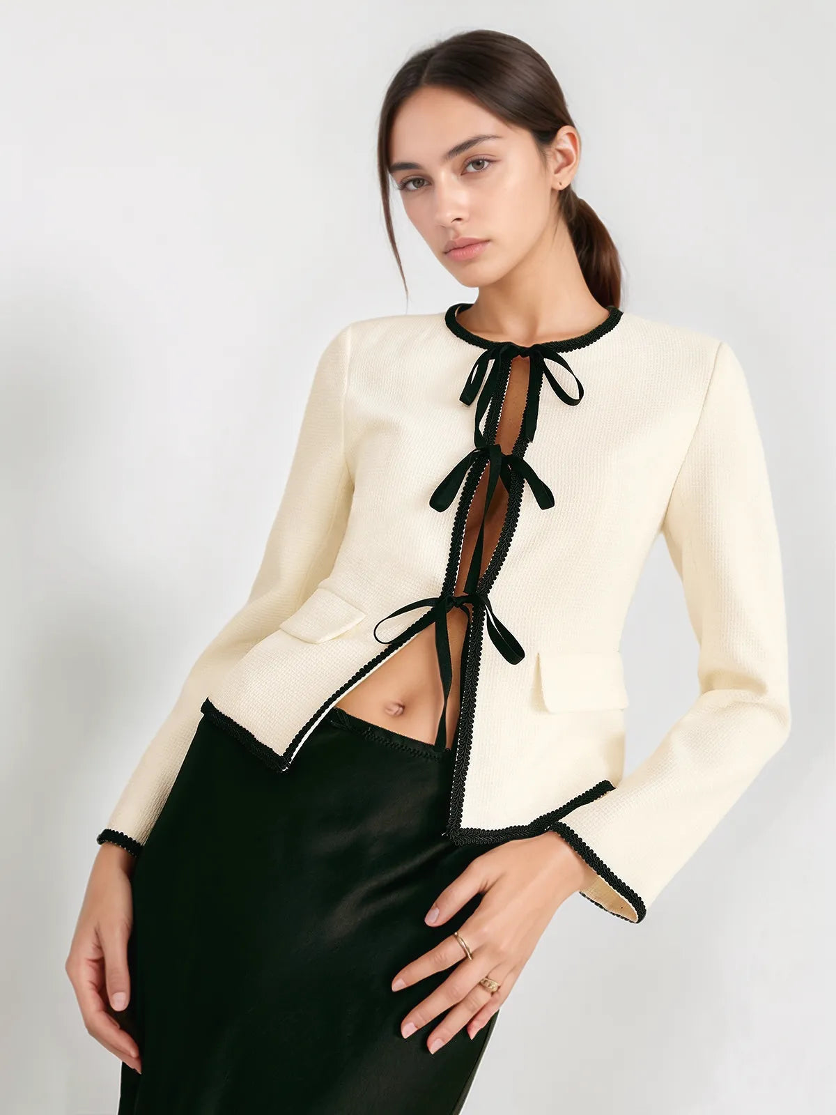 Layla Contrast Trim Tie Front Blazer