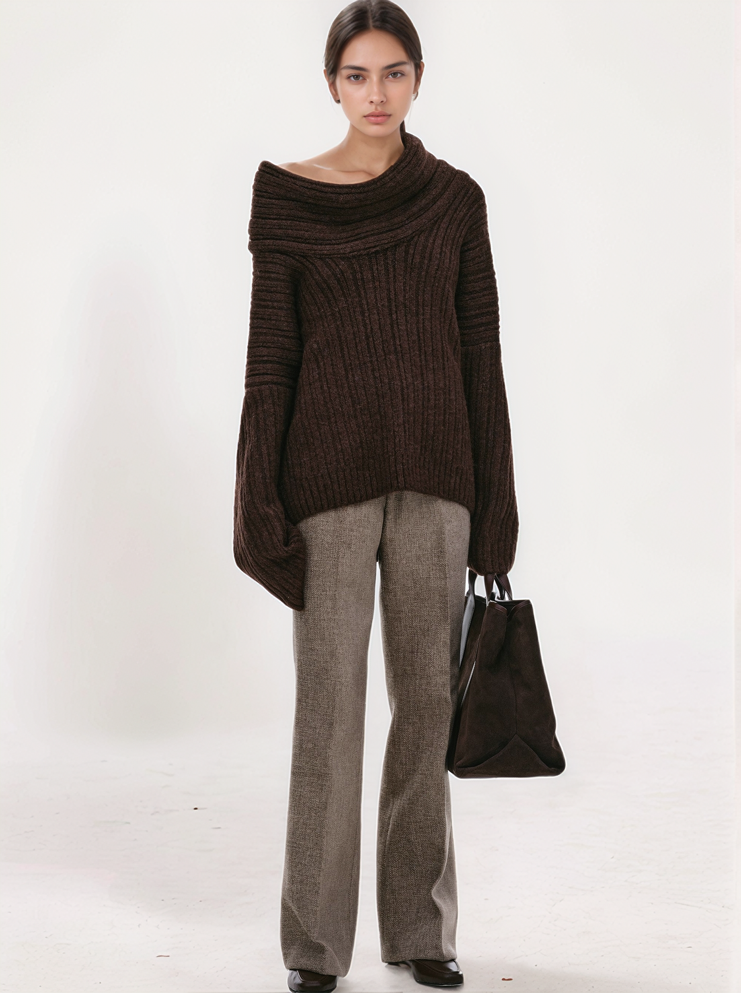 Brielle Oversized High Roll Knit Pullover, Chocolate