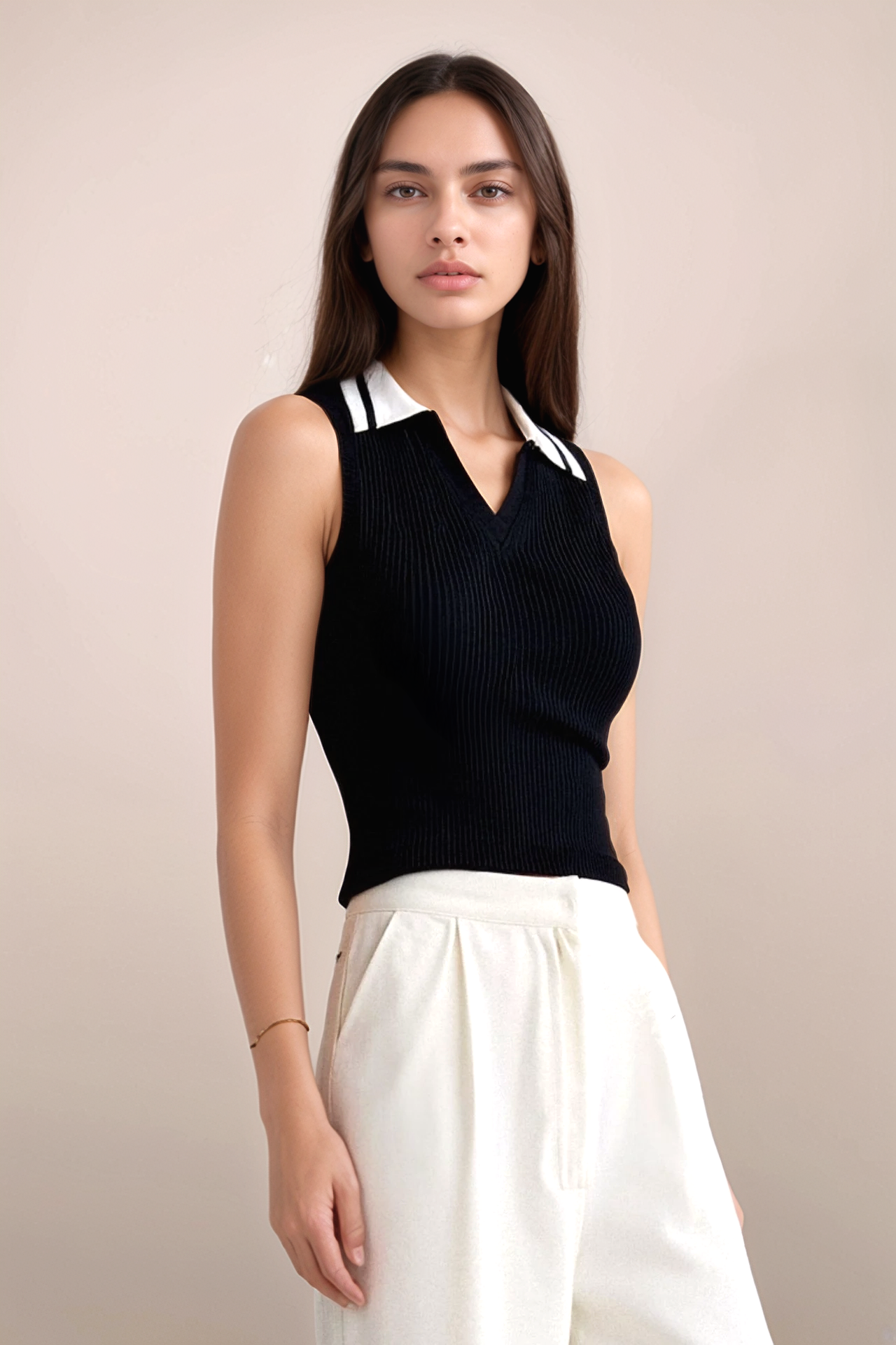 Charlotte Sleeveless Knitted Color Block Collared Sweater Vest