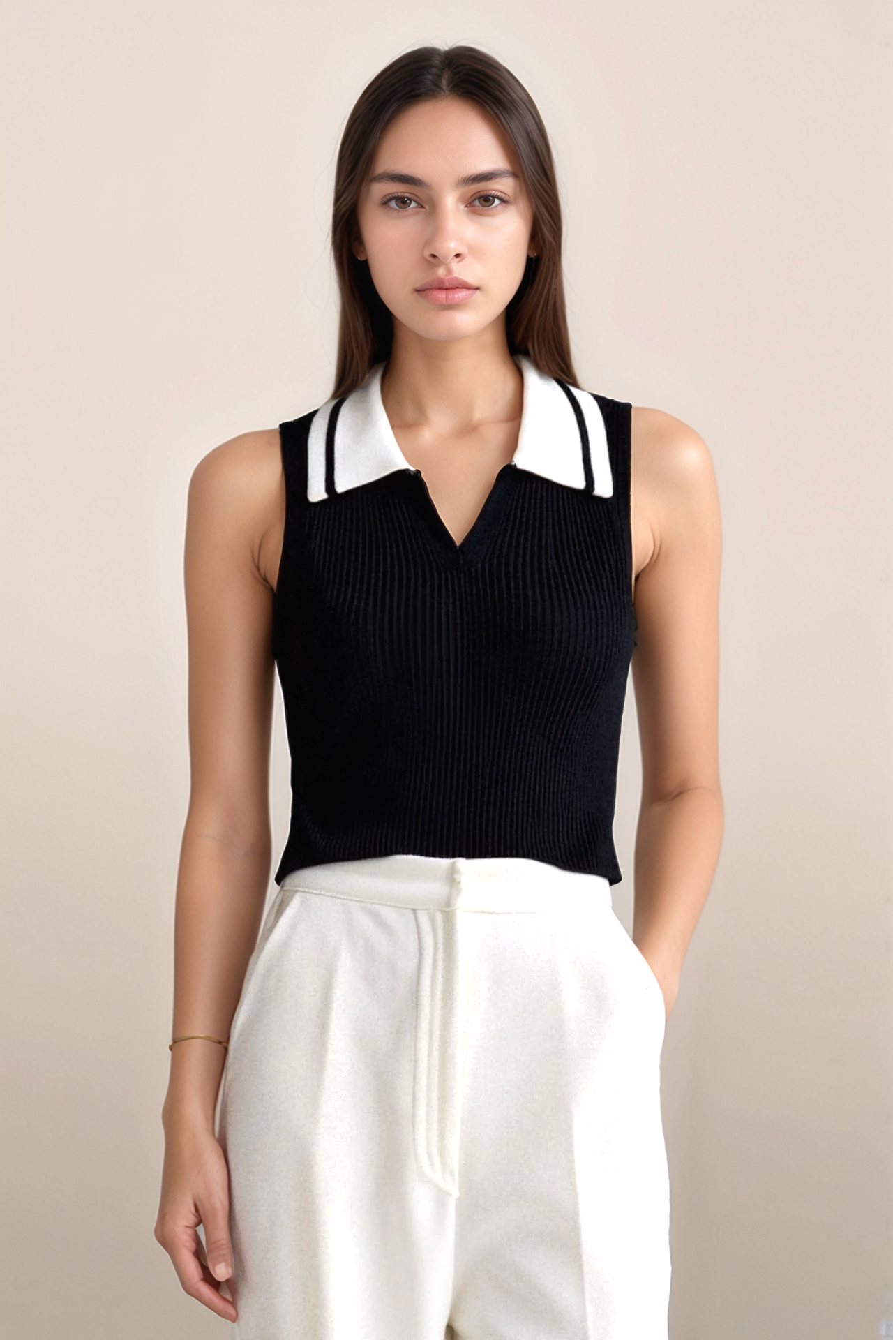 Charlotte Sleeveless Knitted Color Block Collared Sweater Vest