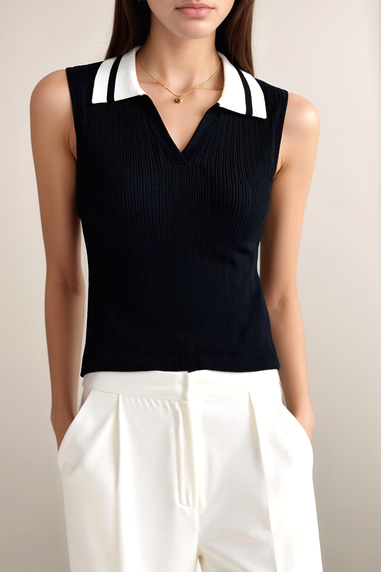 Charlotte Sleeveless Knitted Color Block Collared Sweater Vest