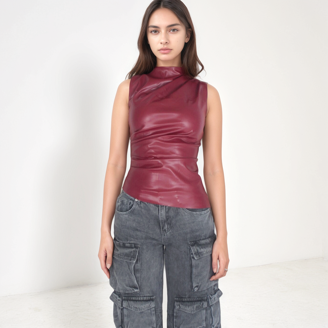 Asymmetrical draped faux leather top