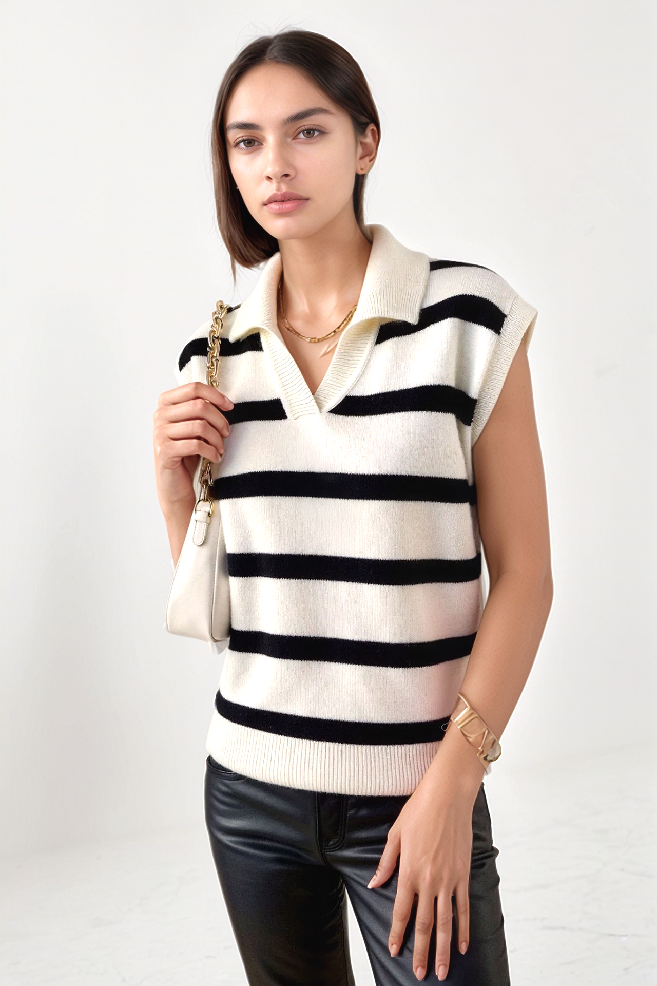 Lila Striped Neck Pullover Polo Vest