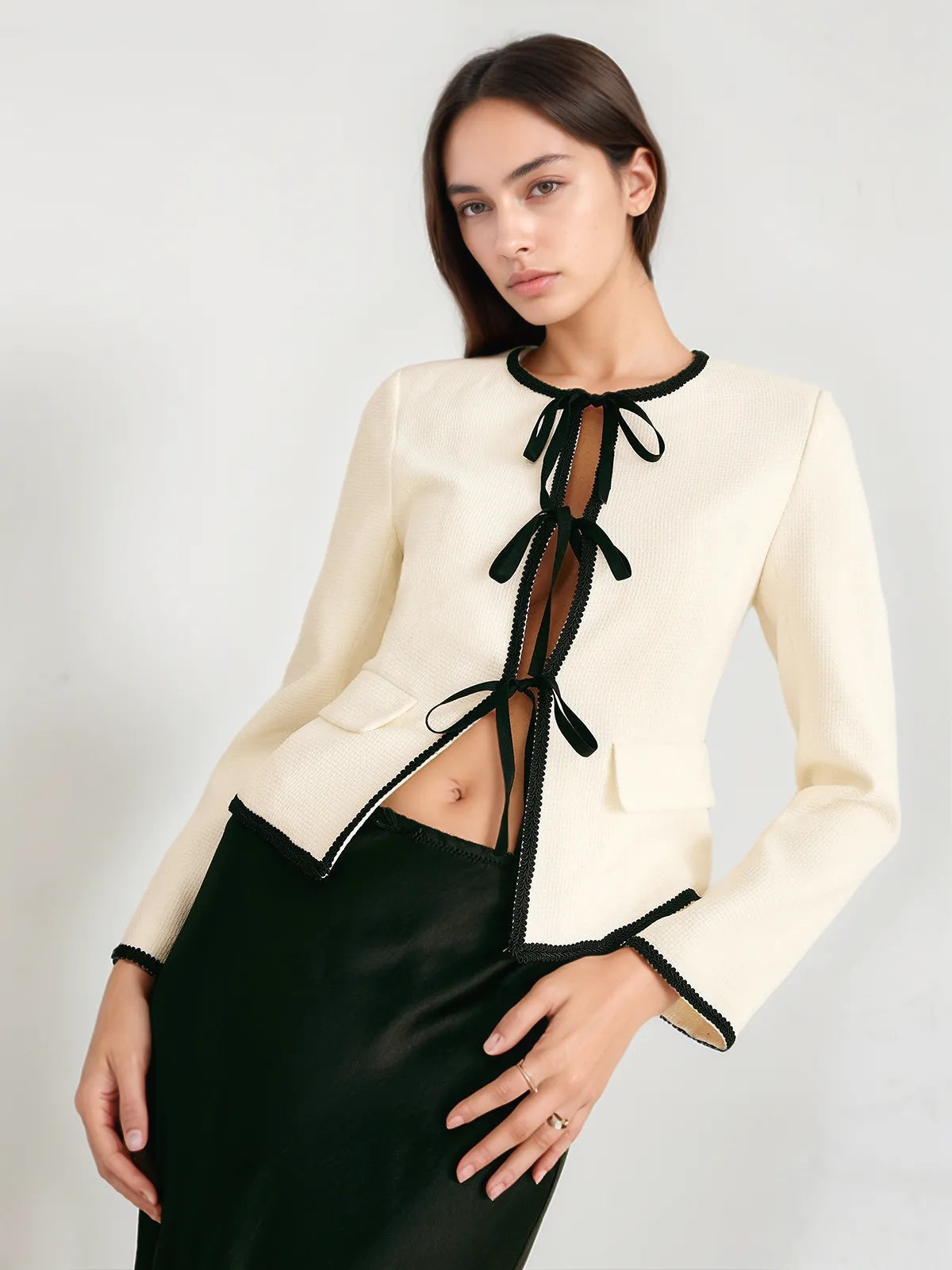 Layla Contrast Trim Tie Front Blazer