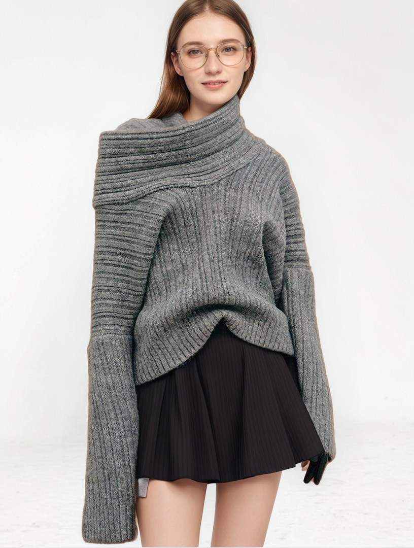 Harlow Oversized High Roll Knit Pullover, Storm Grey