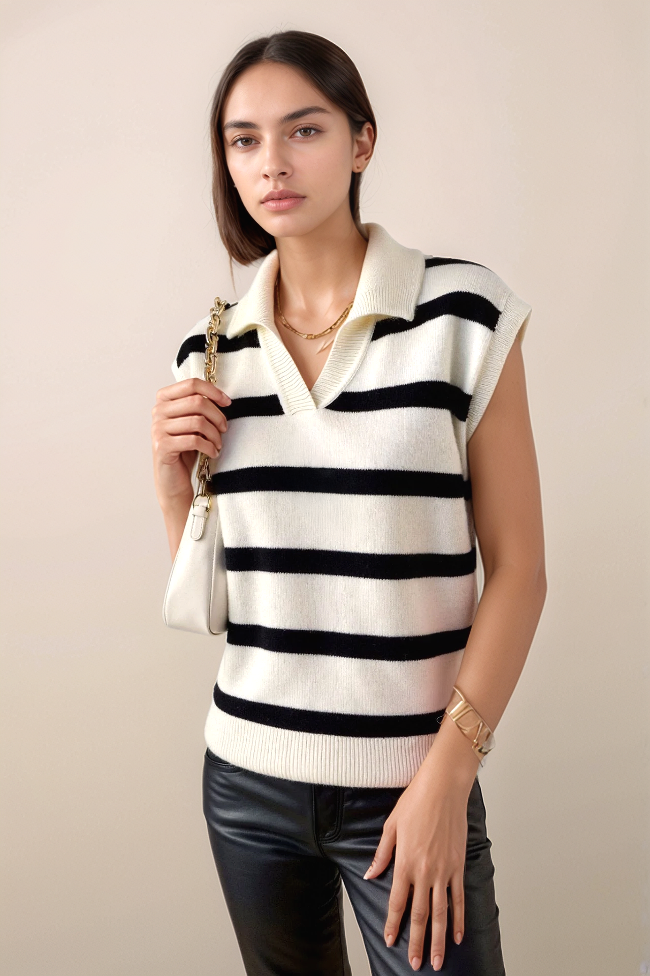 Lila Striped Neck Pullover Polo Vest